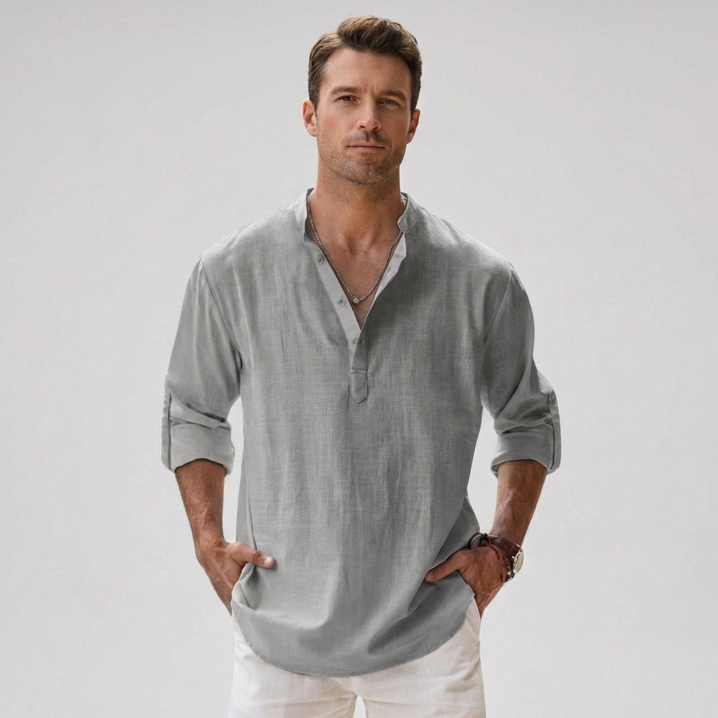 Heren Linnenmix Bandkraag Henley Shirt