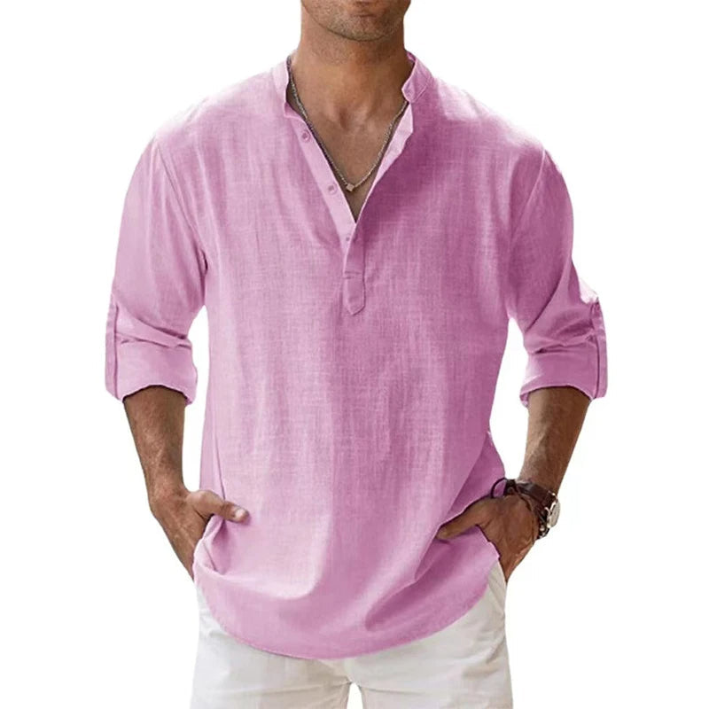 Heren Ademend Linnenmix Henley Shirt