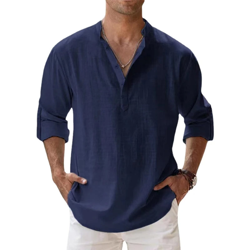 Heren Ademend Linnenmix Henley Shirt
