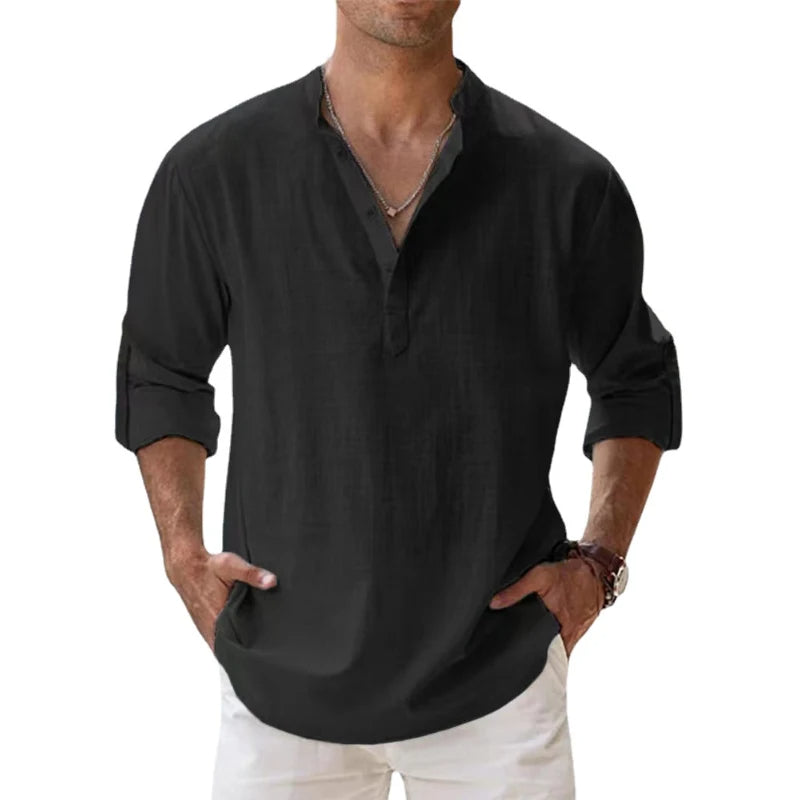 Heren Ademend Linnenmix Henley Shirt