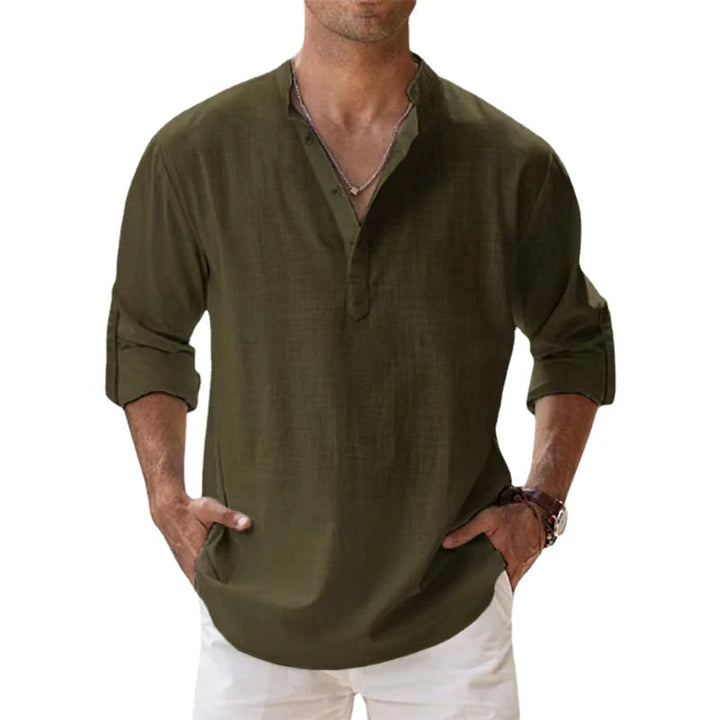 Heren Ademend Linnenmix Henley Shirt