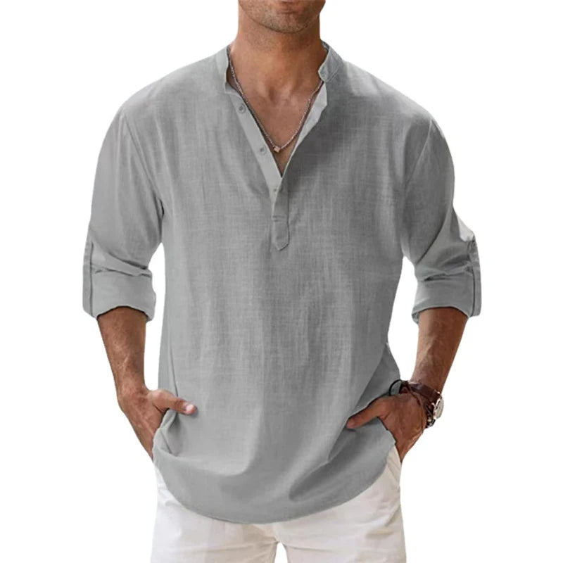 Heren Ademend Linnenmix Henley Shirt