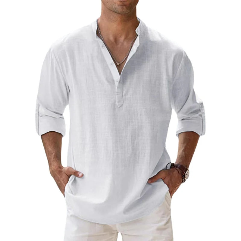 Heren Ademend Linnenmix Henley Shirt