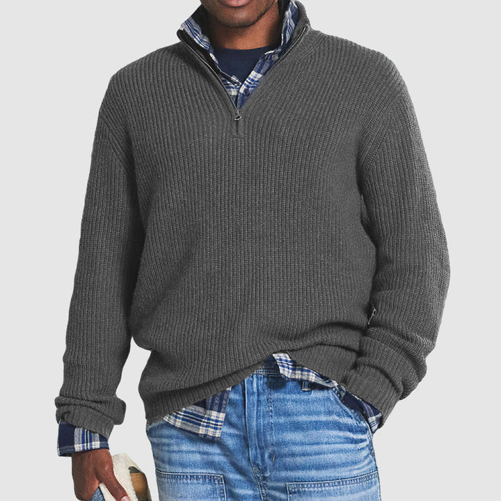 Geribbelde Wollen Pullover met Kwart Rits