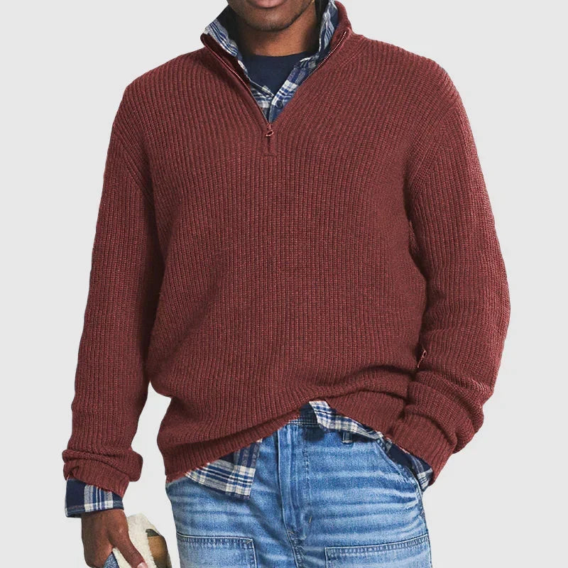 Geribbelde Wollen Pullover met Kwart Rits