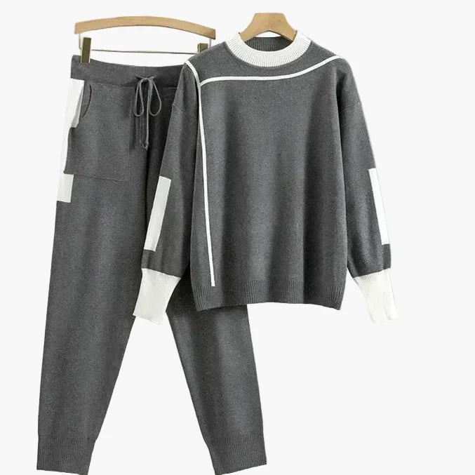 Dames Casual Brei Set met Hoger Hals Top en Trekkoord Joggers