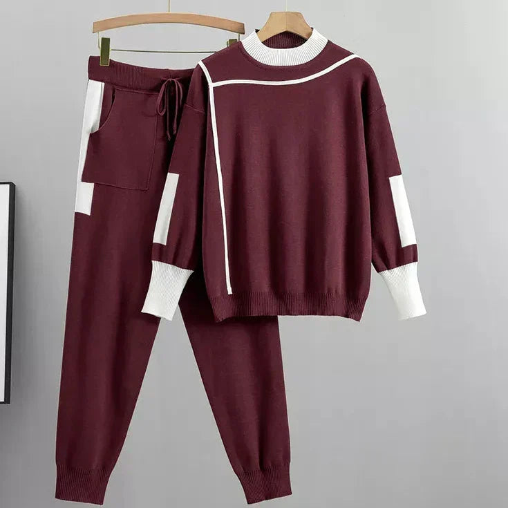Dames Casual Brei Set met Hoger Hals Top en Trekkoord Joggers