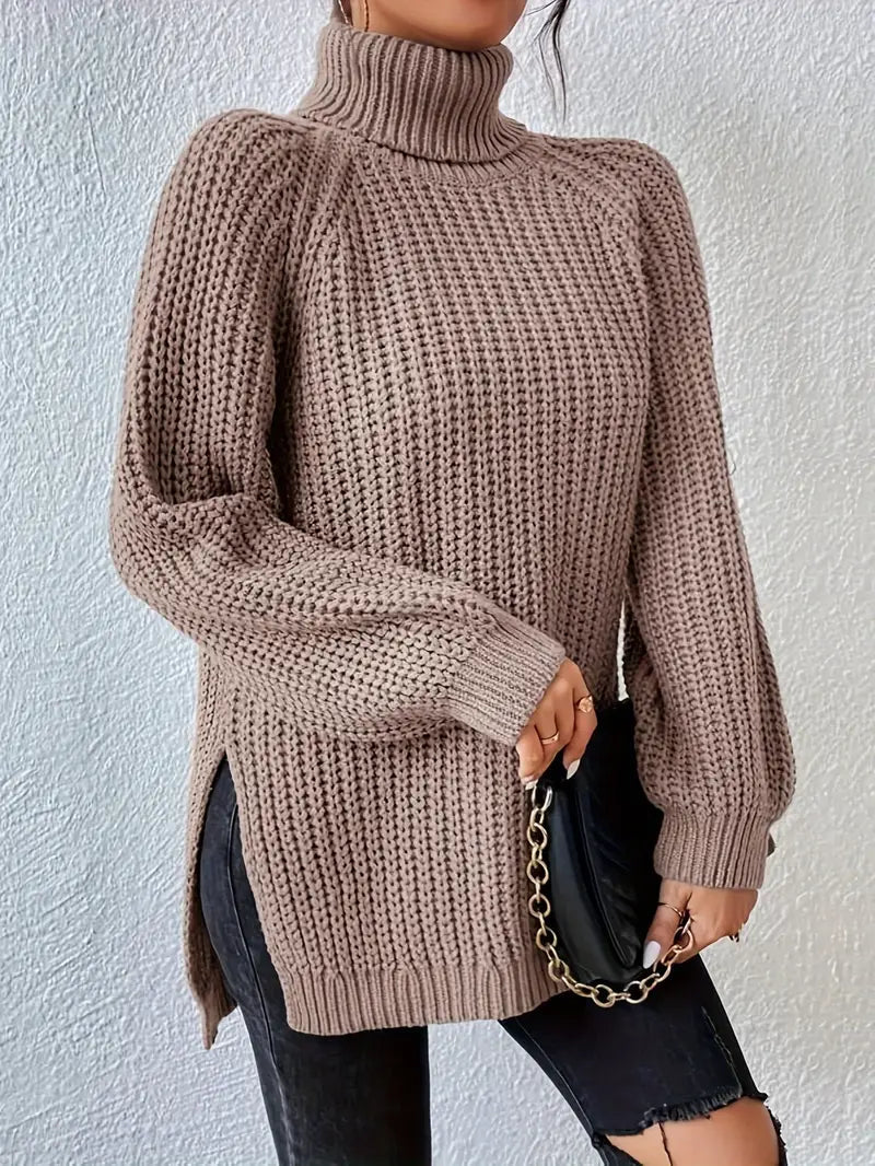 Dames Casual Ribgebreide Trui met Col en Raglan Mouwen