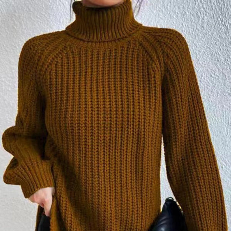 Dames Casual Ribgebreide Trui met Col en Raglan Mouwen