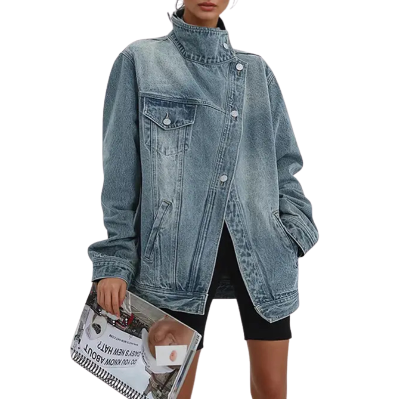 Dames Denim Jast met Asymmetrische Knopen en Staande Kraag