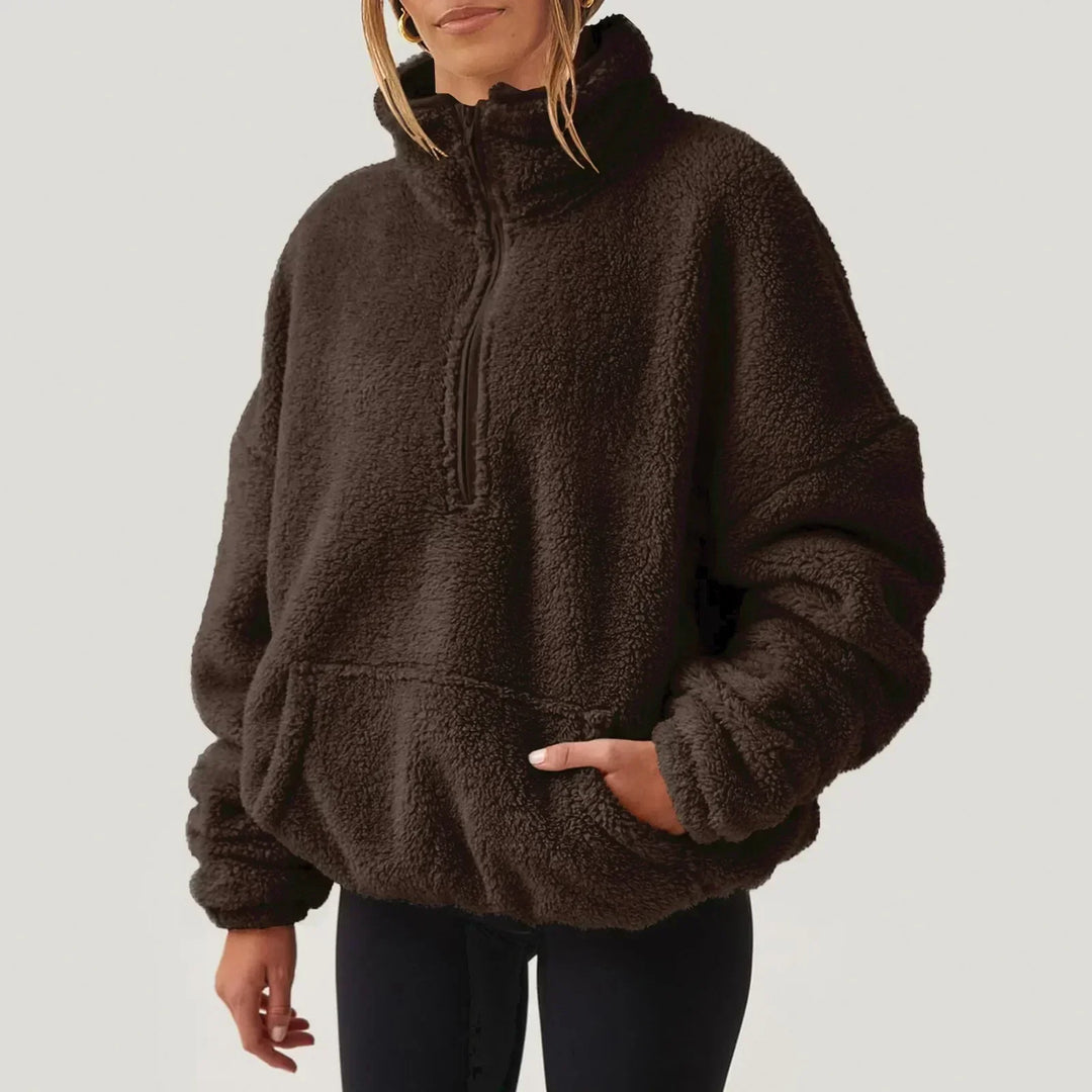 Dames Fleece Pullover Sweater met Halve Rits en Kangoeroezak