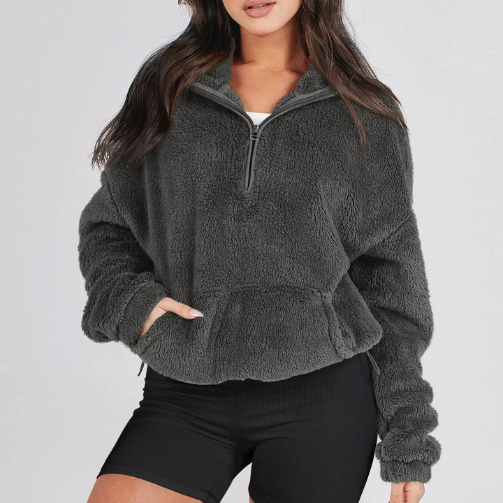 Dames Fleece Pullover Sweater met Halve Rits en Kangoeroezak