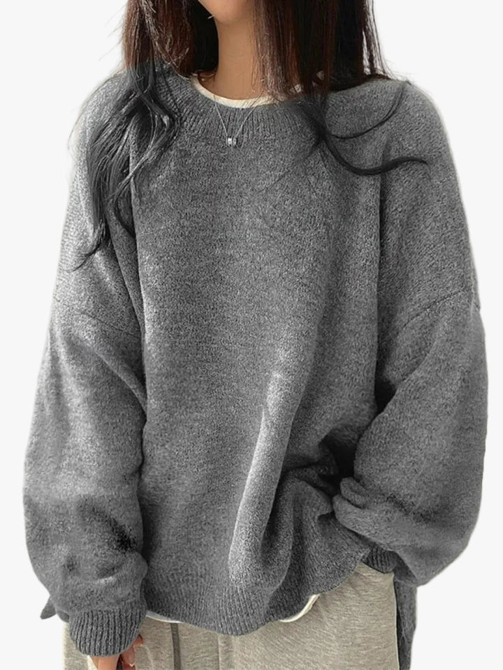 Dames Gebreide Crewneck Trui met Verlaagde Schouders en Zijsplitten