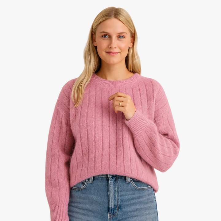 Dames Gebreide Pullover Sweater met Ronde Hals en Geribbelde Zoom