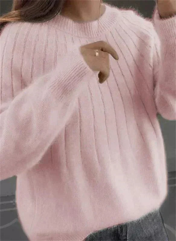 Dames Gebreide Pullover Sweater met Ronde Hals en Geribbelde Zoom