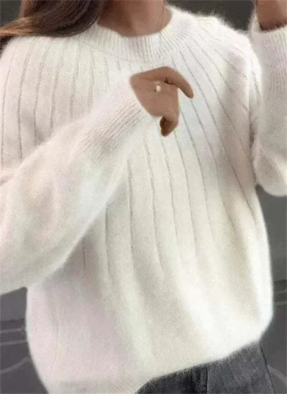 Dames Gebreide Pullover Sweater met Ronde Hals en Geribbelde Zoom