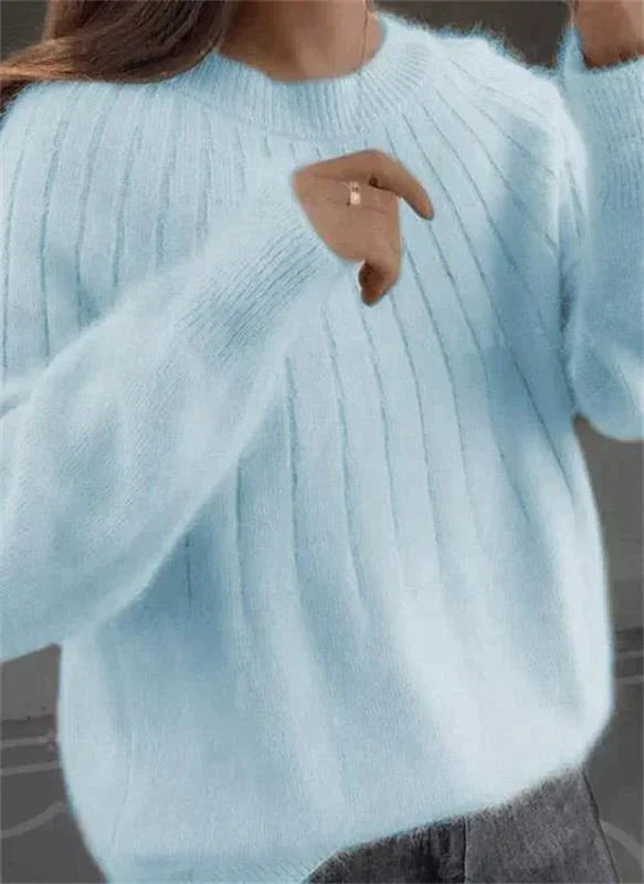 Dames Gebreide Pullover Sweater met Ronde Hals en Geribbelde Zoom