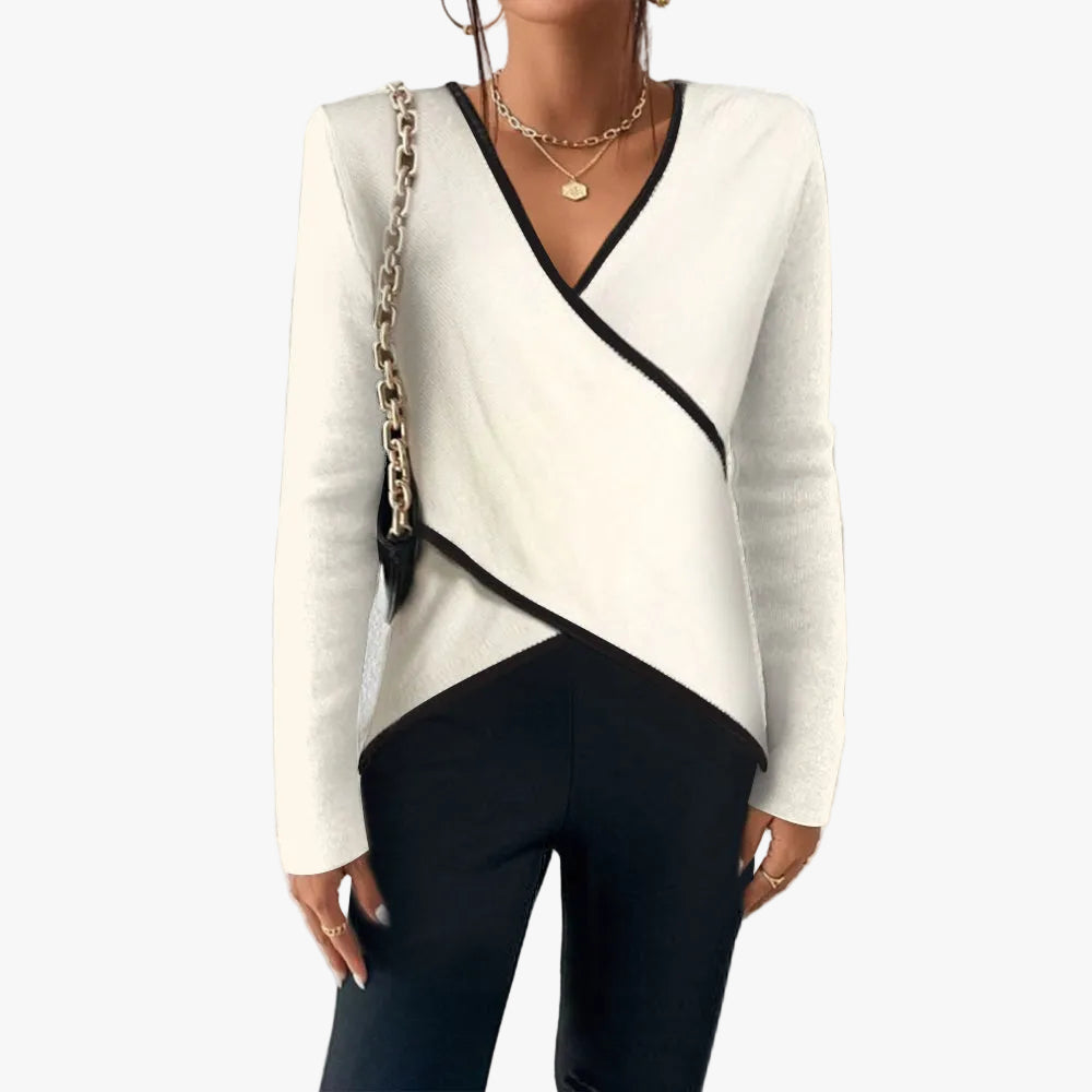 Vrouwen Gebreide Wrap Sweater met V-Hals en Contrastafwerking