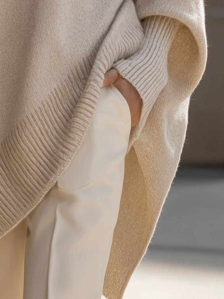 Vrouwen Poncho-Stijl Gebreide Pullover Trui met Geribbelde Afwerking en Ronde Hals