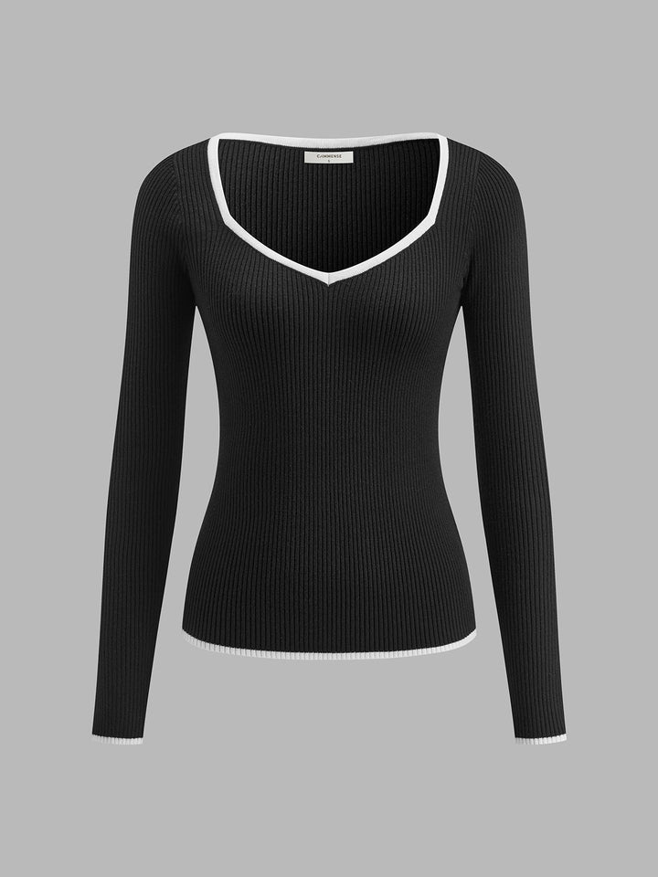 Dames Geribbelde Breisweater met V-Hals en Contrasterende Afwerking