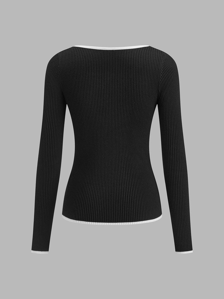 Dames Geribbelde Breisweater met V-Hals en Contrasterende Afwerking