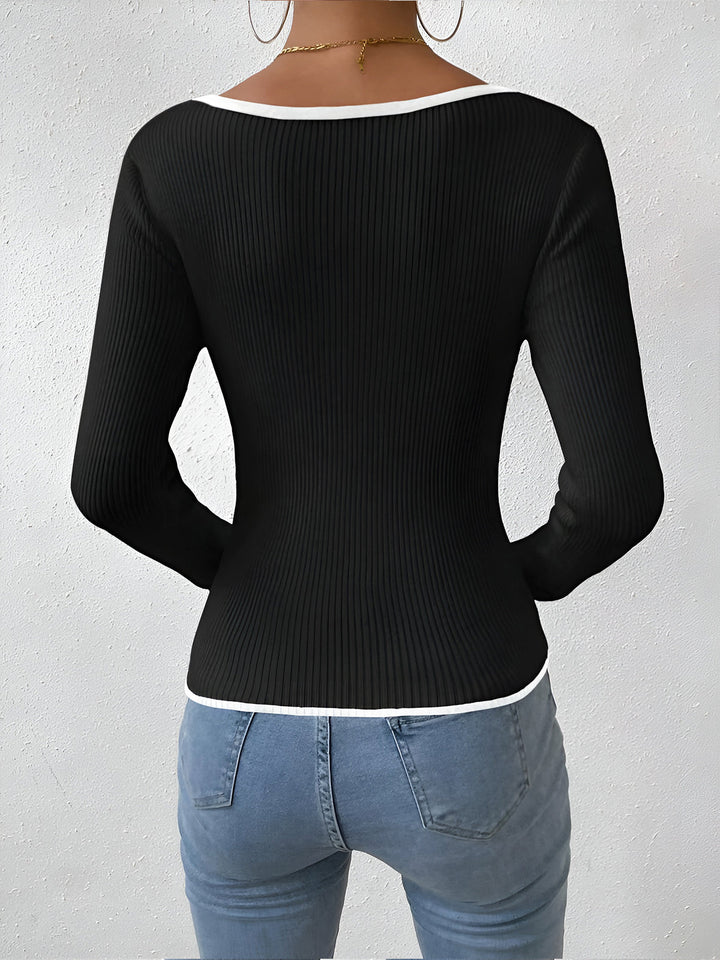 Dames Geribbelde Breisweater met V-Hals en Contrasterende Afwerking